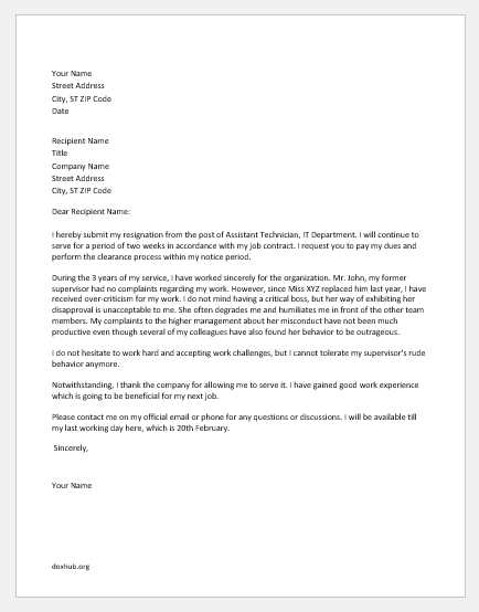 letter to quit job template