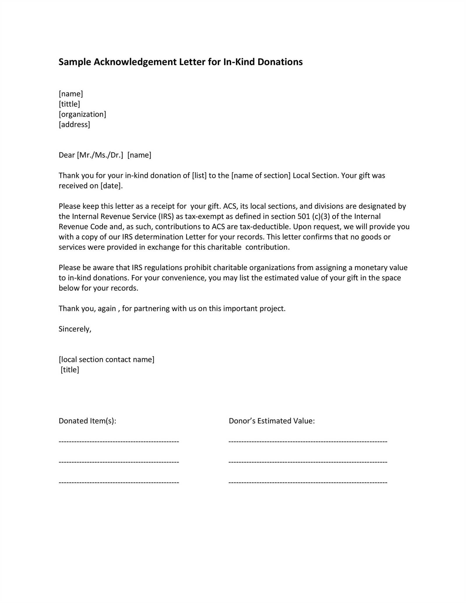 acknowledgement letter template