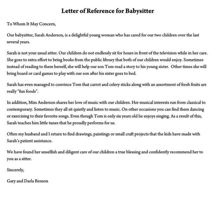 babysitter reference letter template