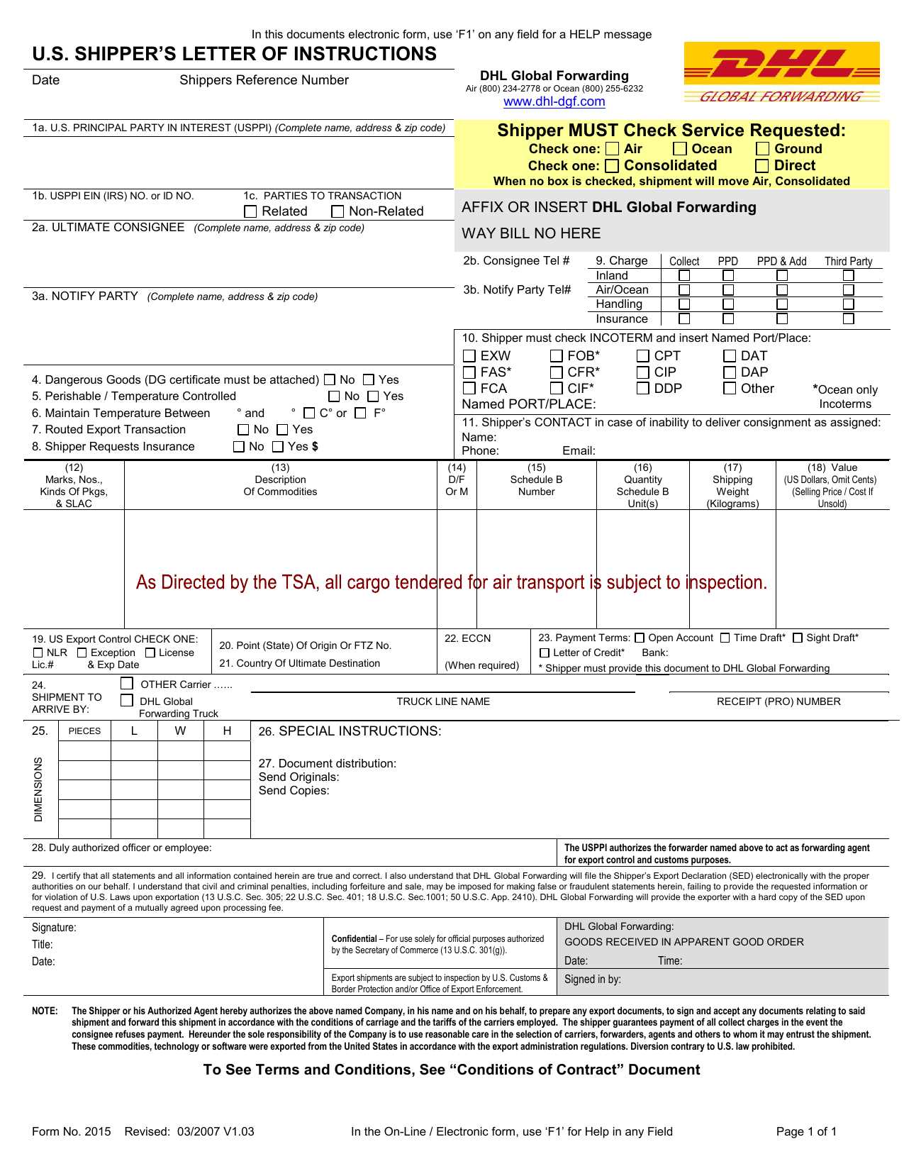 shippers letter of instruction template free