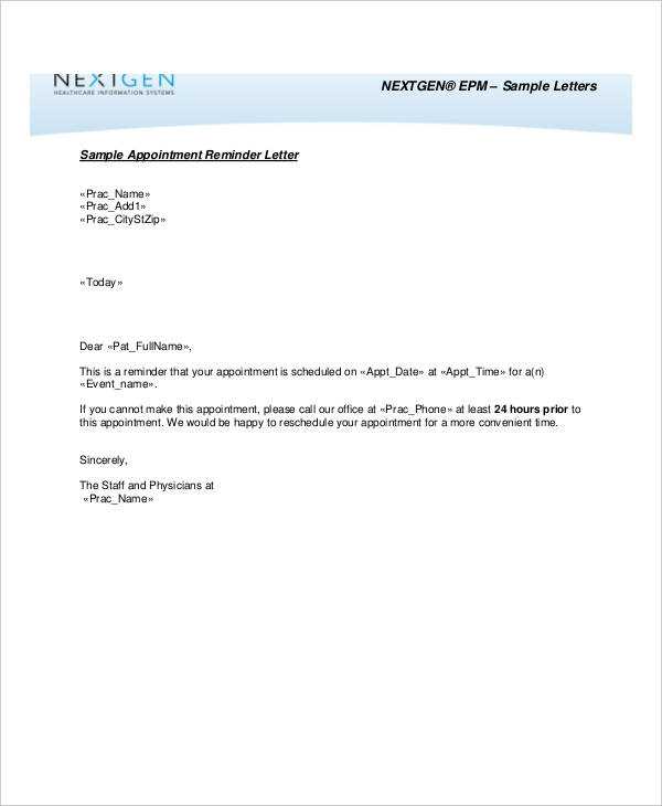 medical appointment reminder letter template