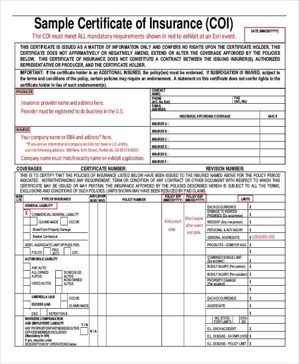 certificate of insurance request letter template