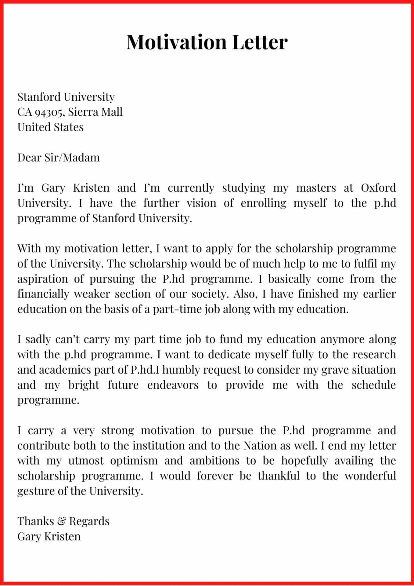 motivation letter for university template