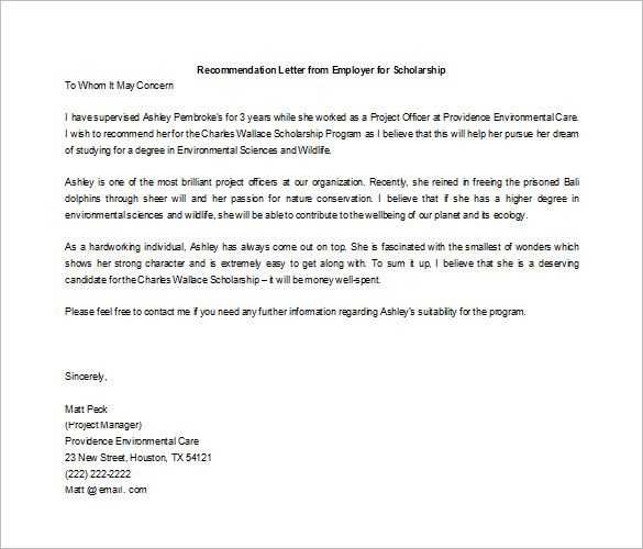 letter of recommendation for scholarship template free