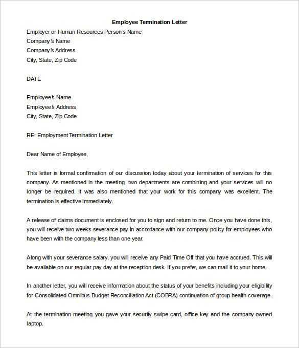 employee letter of termination template