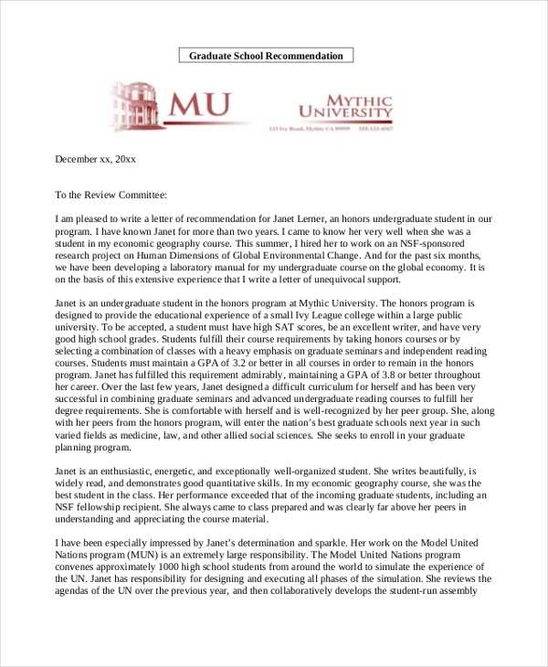 reference letter template for graduate school