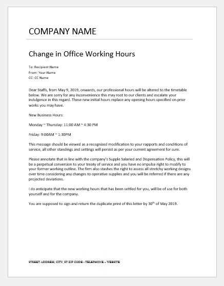 change of hours letter to employee template