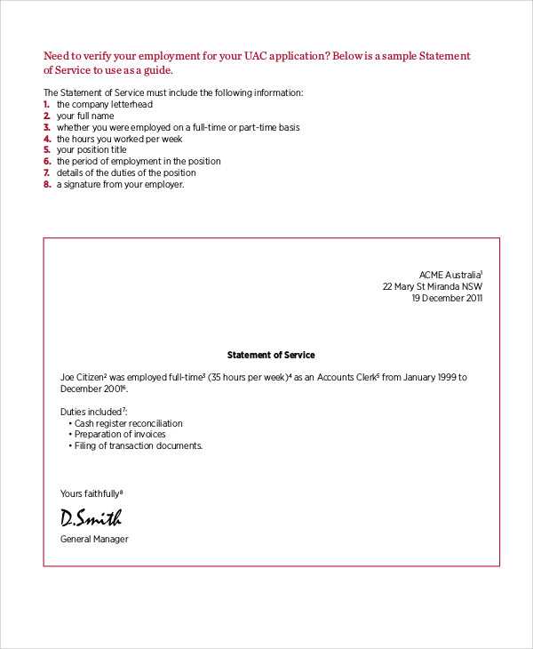 statement of service letter army template