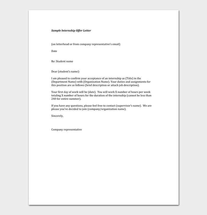 offer letter template for internship