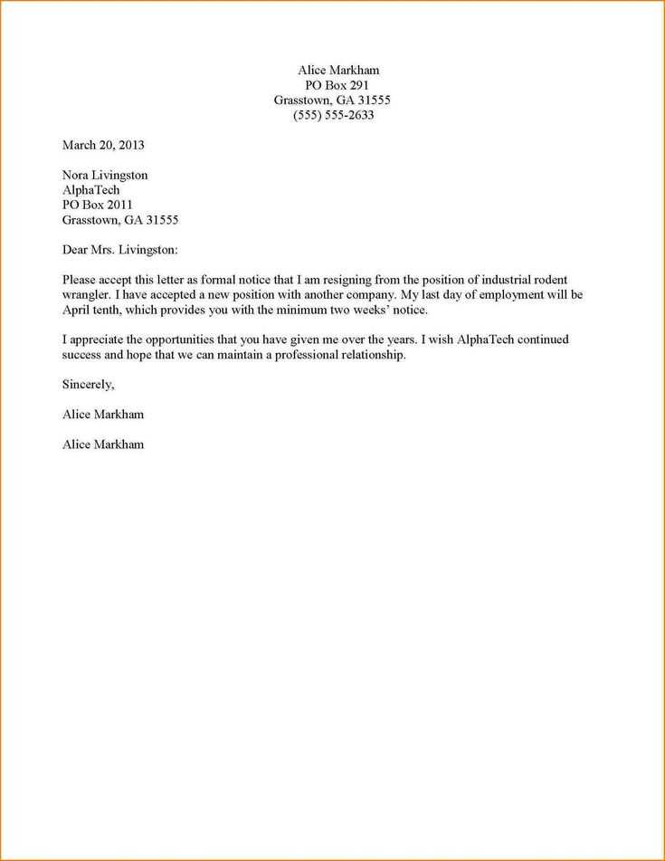 formal letter of resignation template