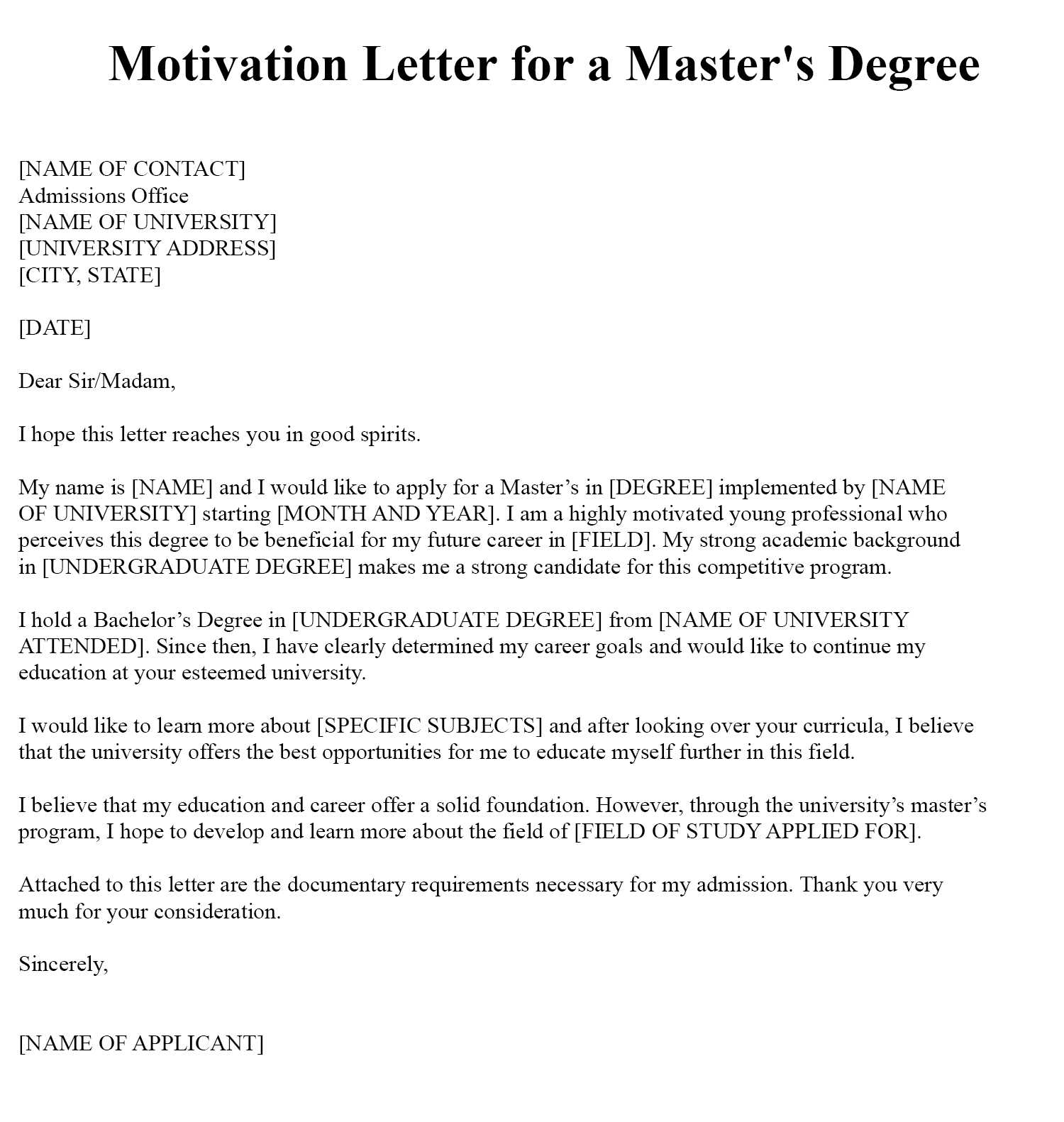 motivation letter template for master degree