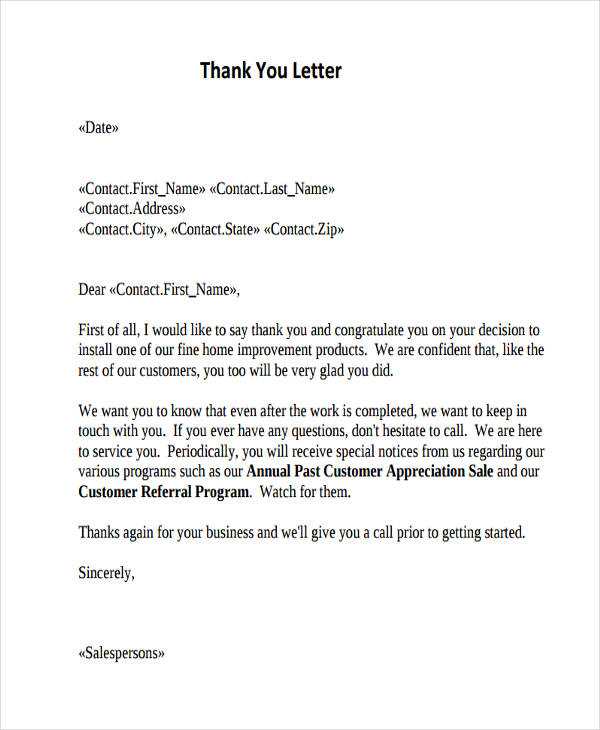 business thank you letter template customer