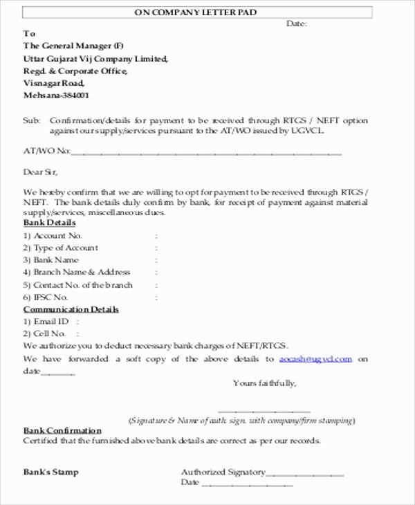 company bank details letter template