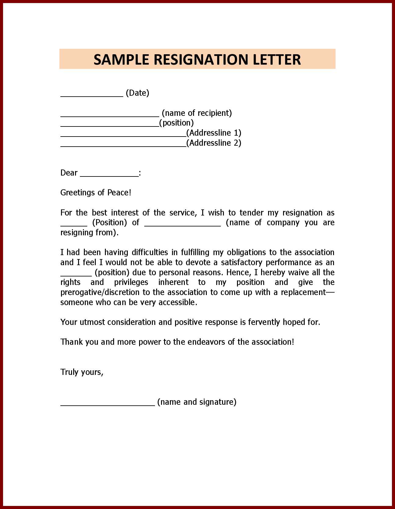 template for writing a letter of resignation