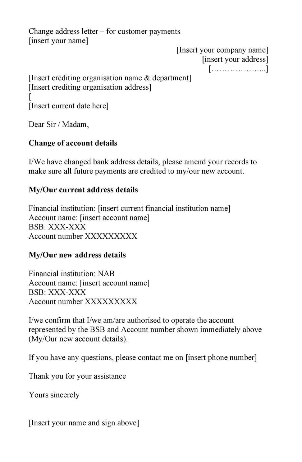 change of bank details letter template