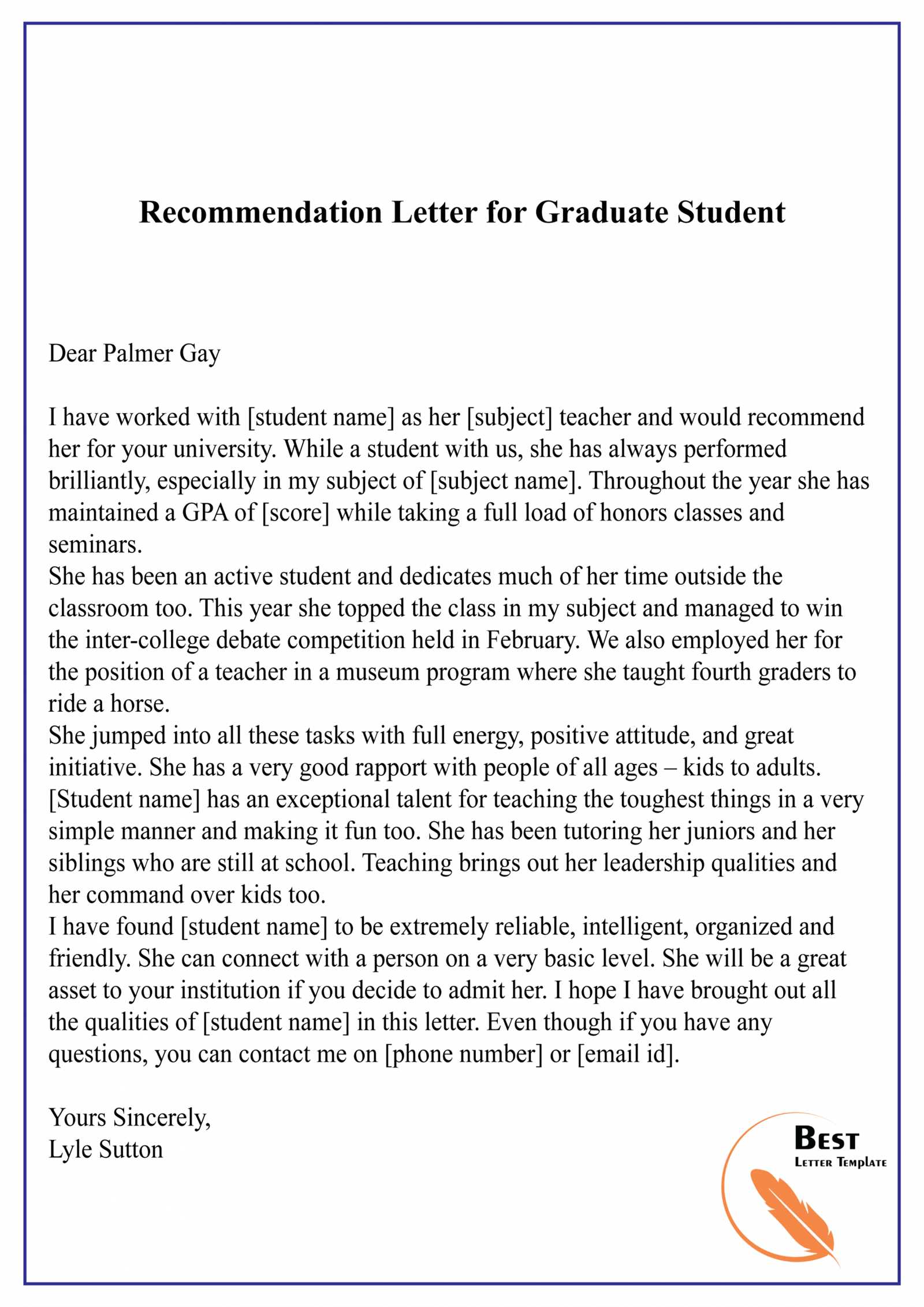 reference letter template for graduate school