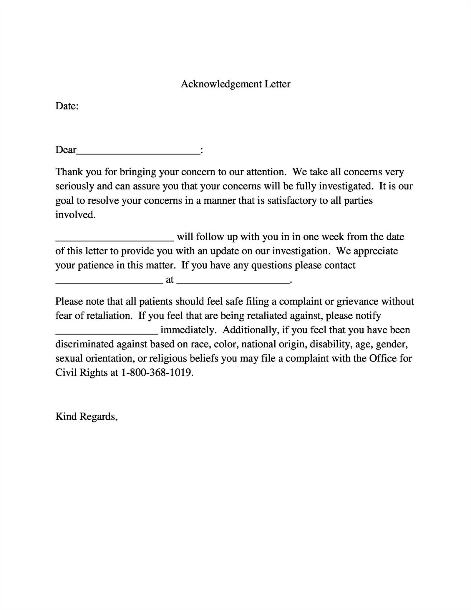 template acknowledgement letter