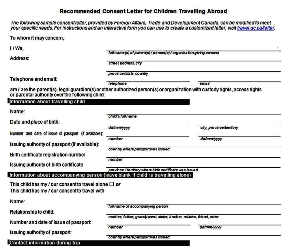 child travel consent letter template