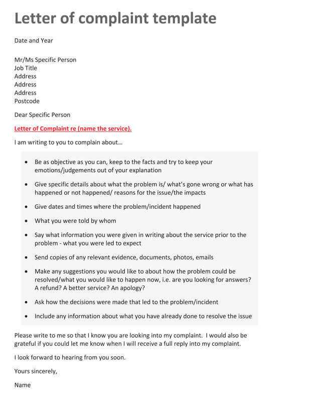 letter of complaint to bank template