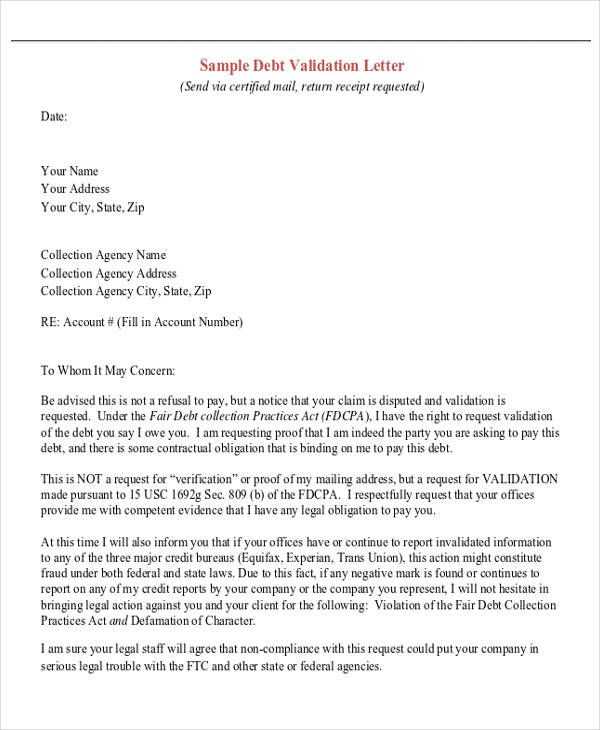 letter of validation of debt template