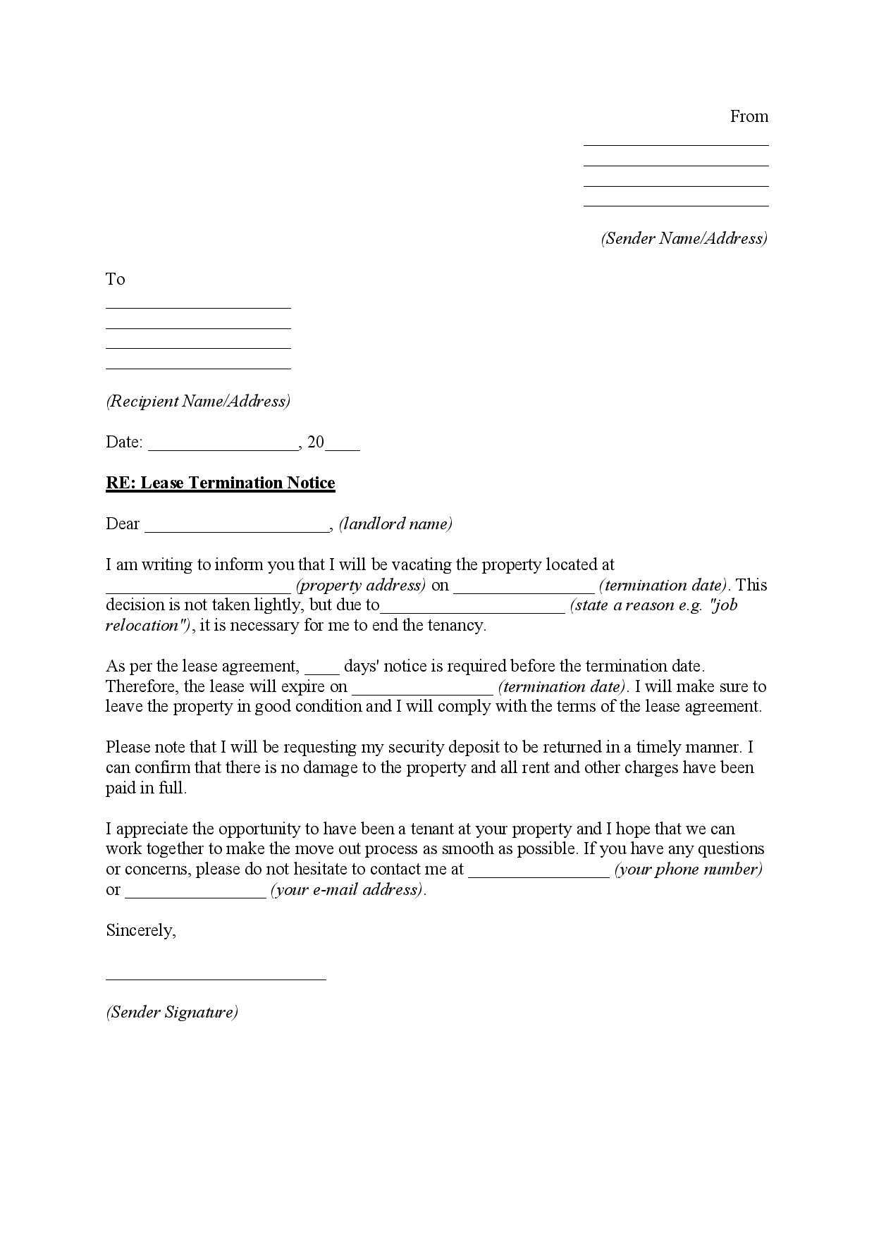 notice of lease termination letter from landlord to tenant template