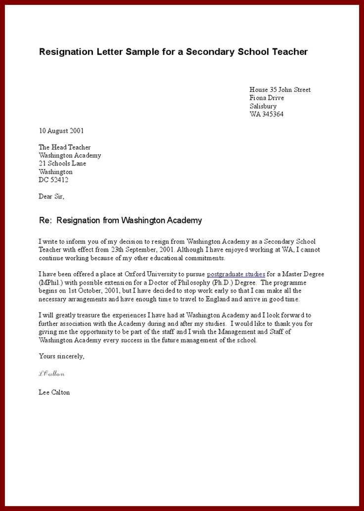 teacher letter of resignation template