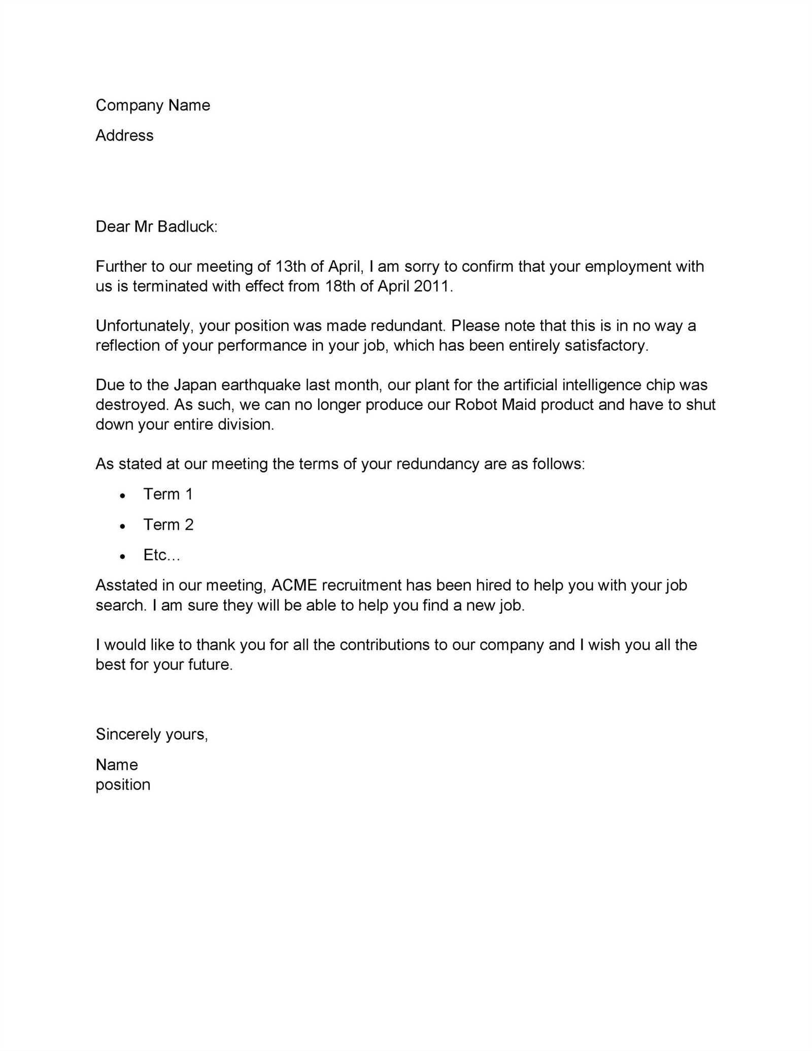 mutual termination of employment letter template