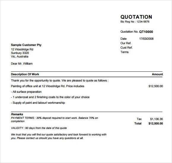 business quotation letter template