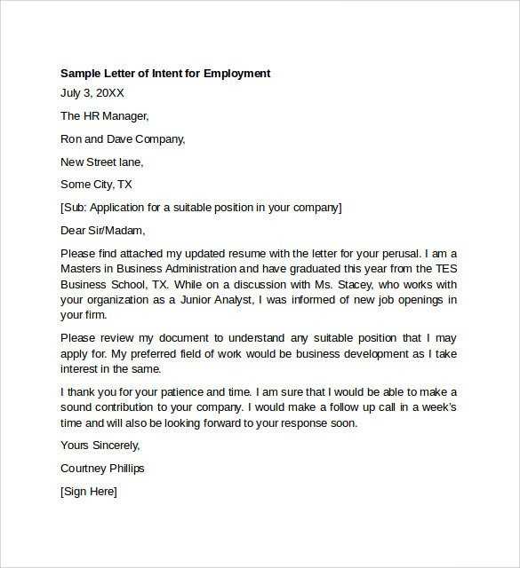 letter of intent for employment template