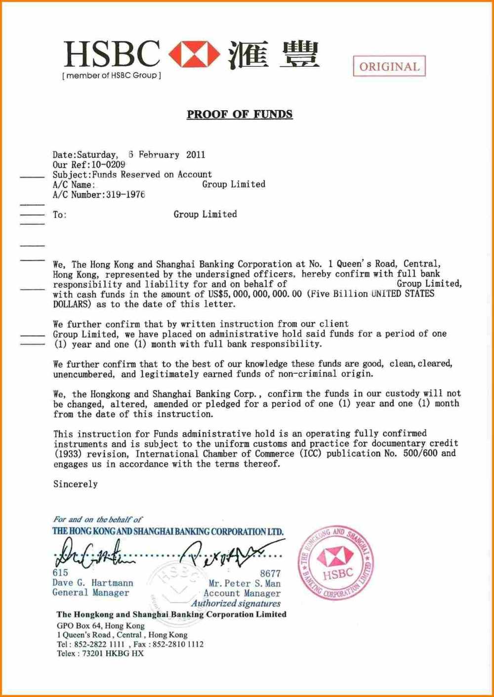 proof of funds template letter