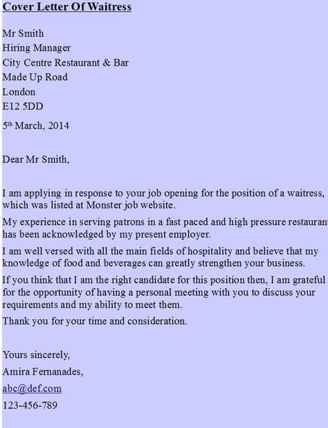 cover letter template for waitress position