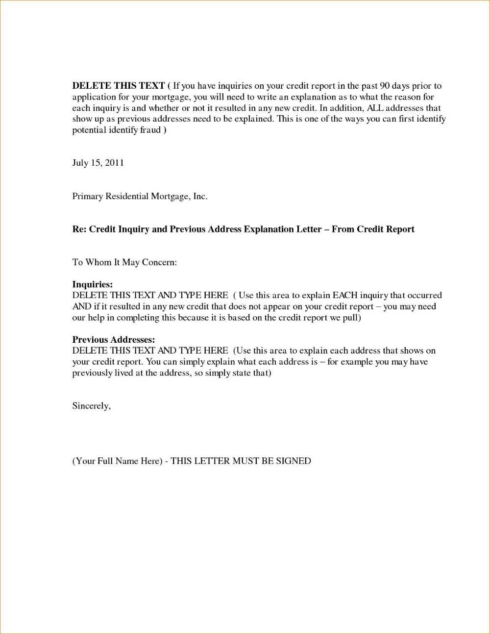 letter of explanation mortgage template