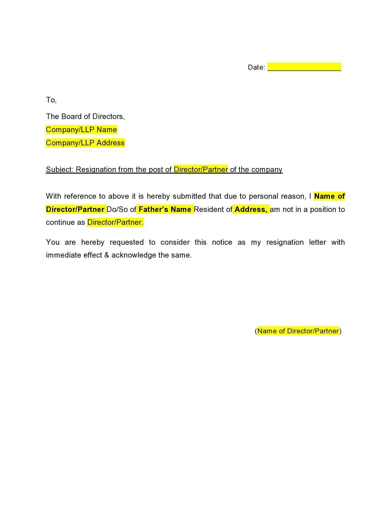 letter of resignation immediate effect template