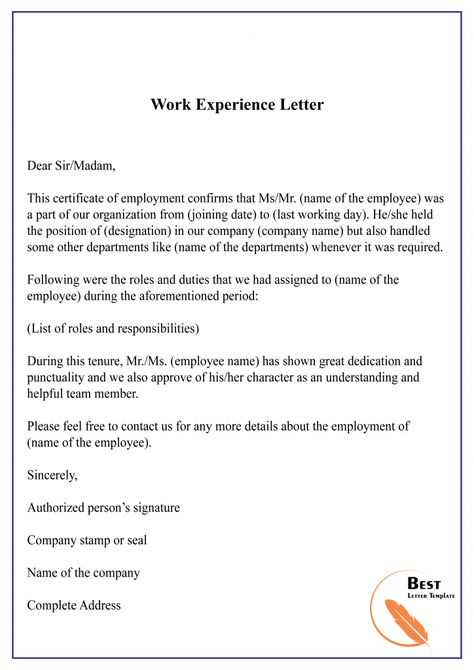 internship experience letter template