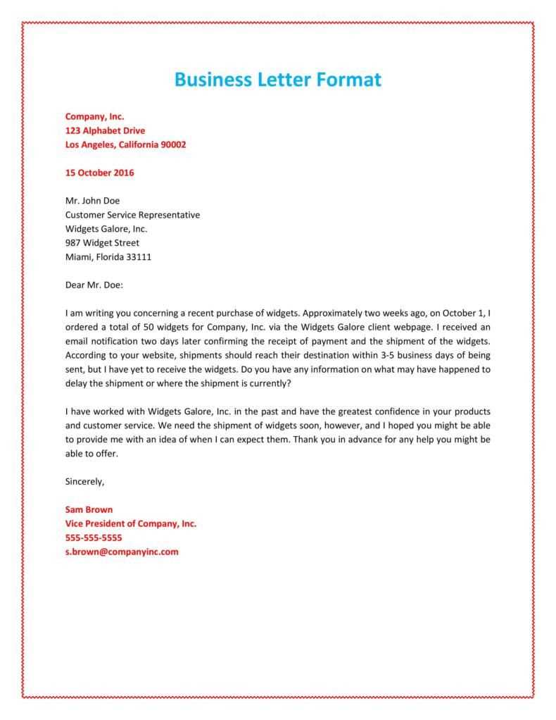 sample business letter template word