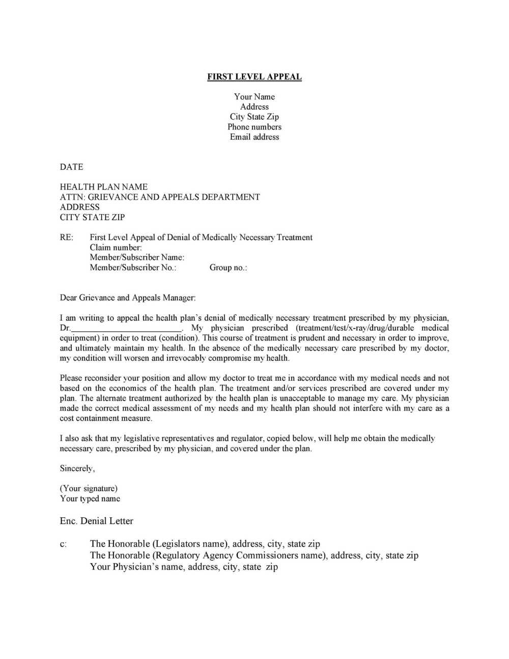 health insurance appeal letter template