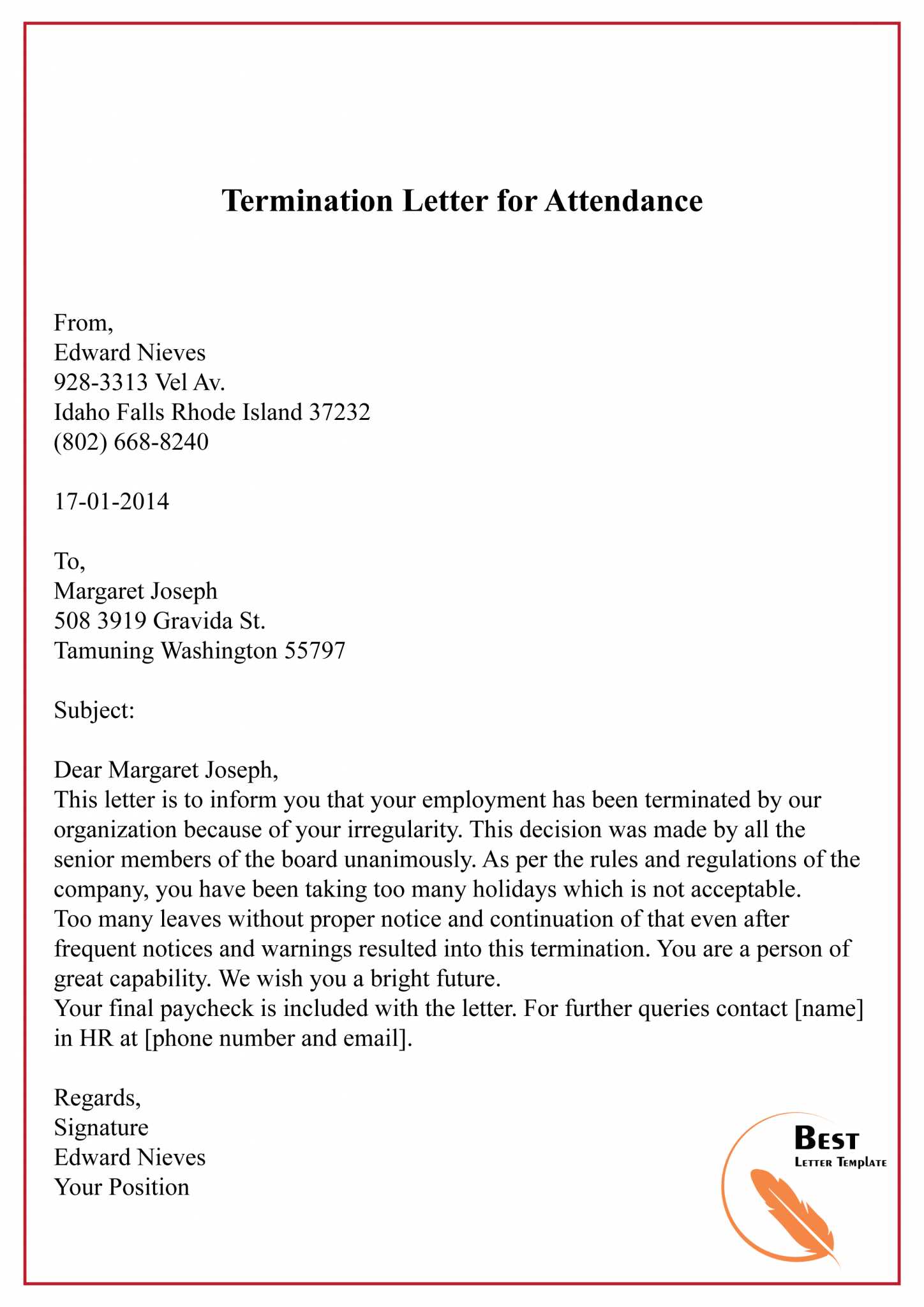 non attendance letter template