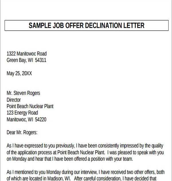 decline job offer letter template