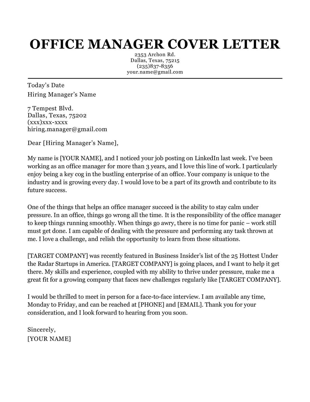 operations manager cover letter template free