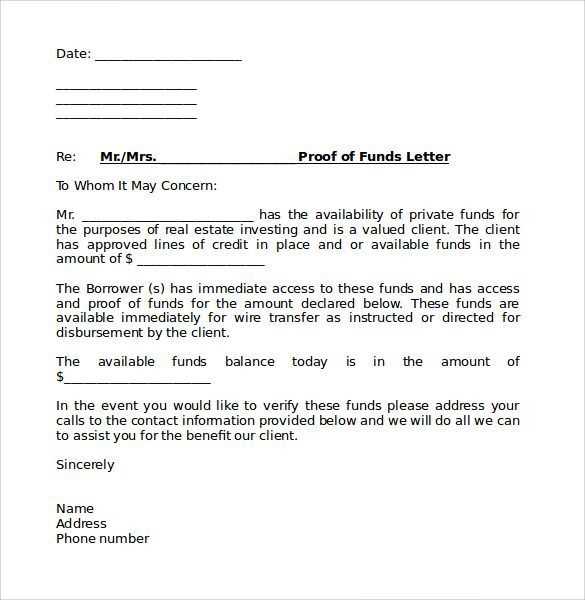 bank proof of funds letter template