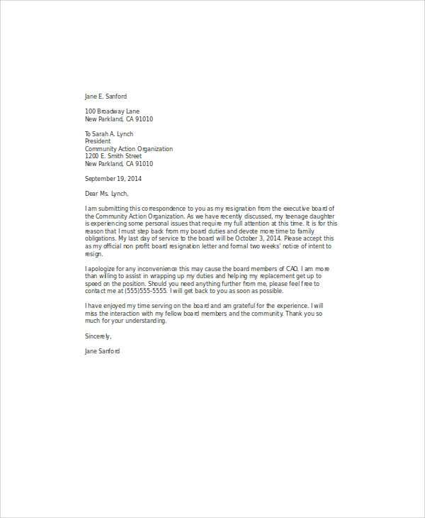 template resignation letter from board of directors