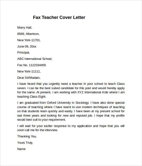 cover letter template for teacher