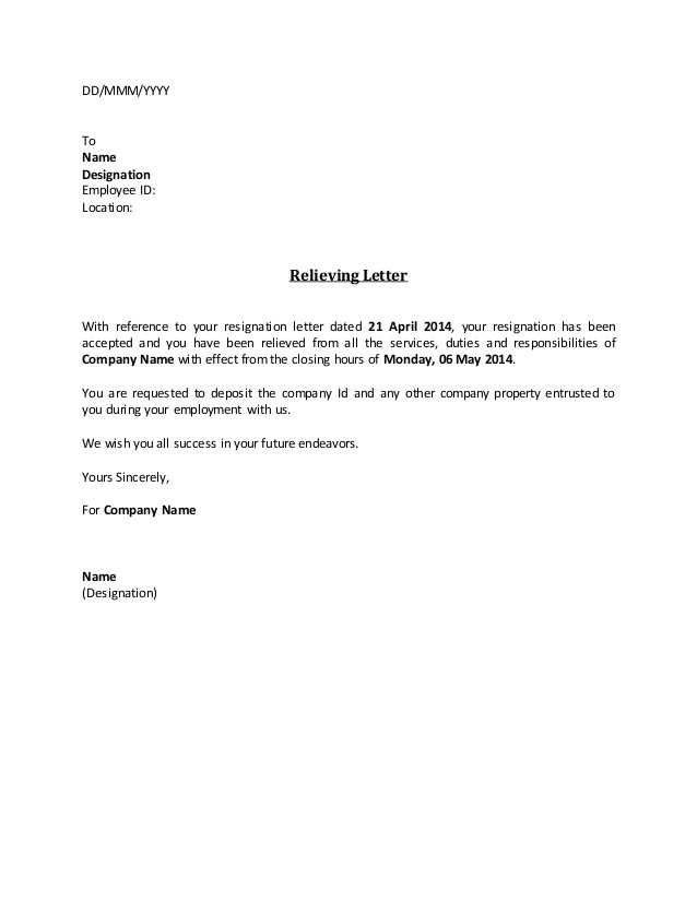 employee relieving letter template