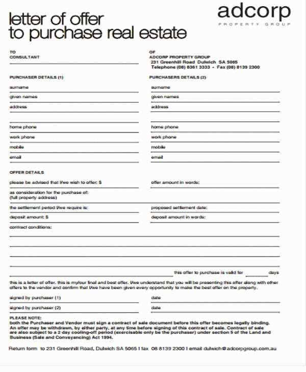 land purchase offer letter template