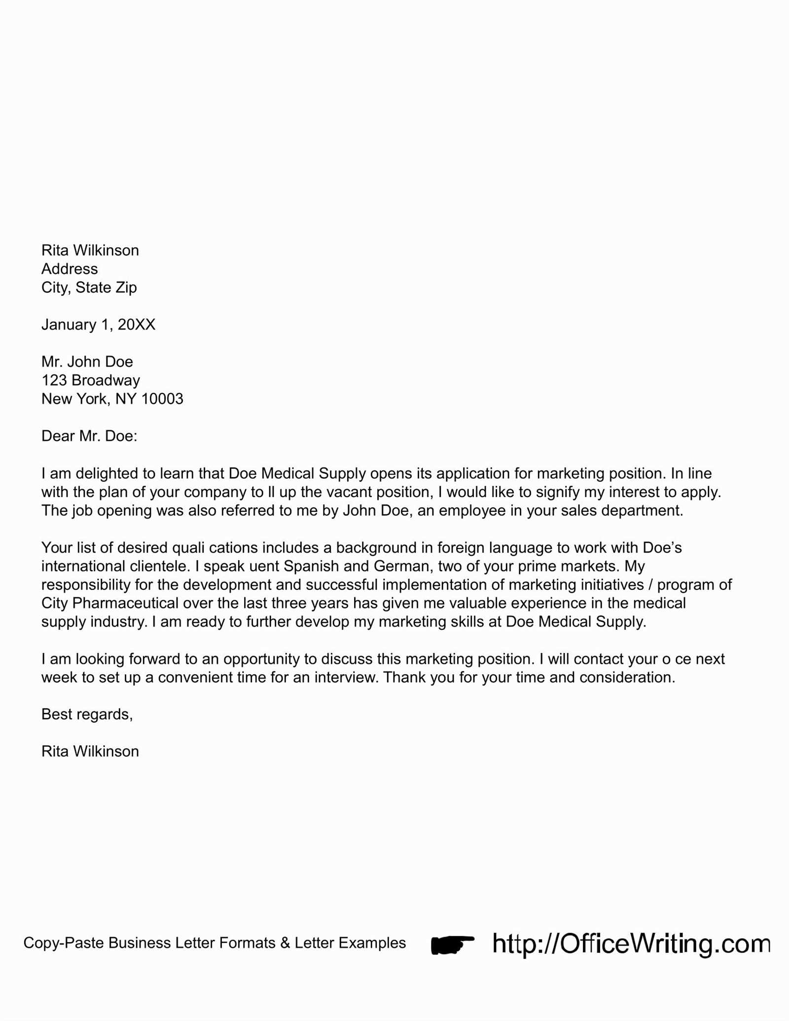 work application letter template