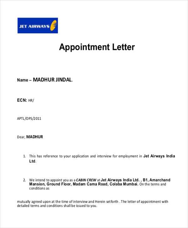 template of appointment letter for employees