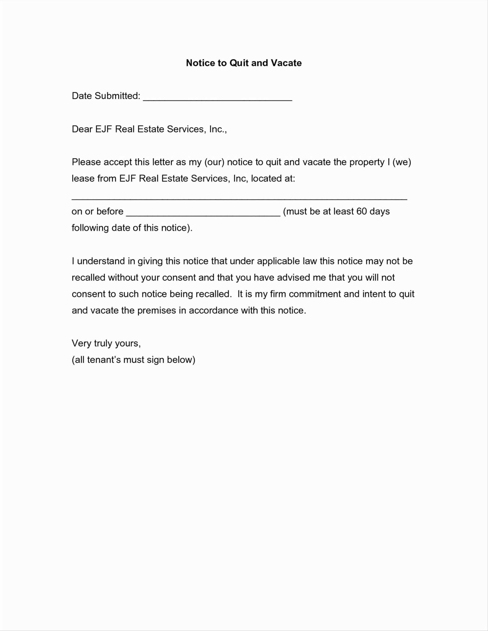 letter to vacate rental property template