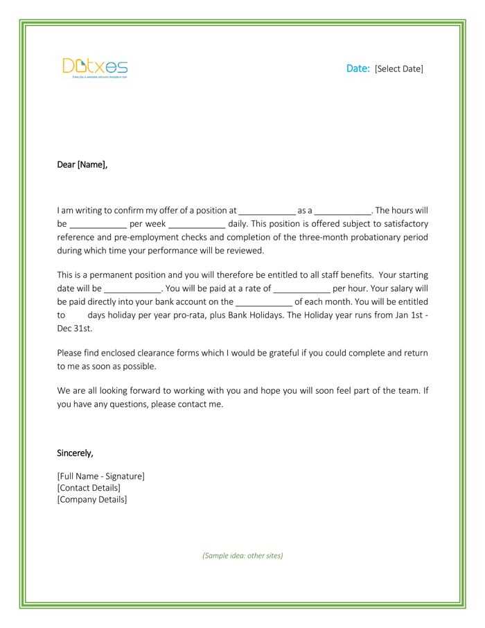 pre offer letter template