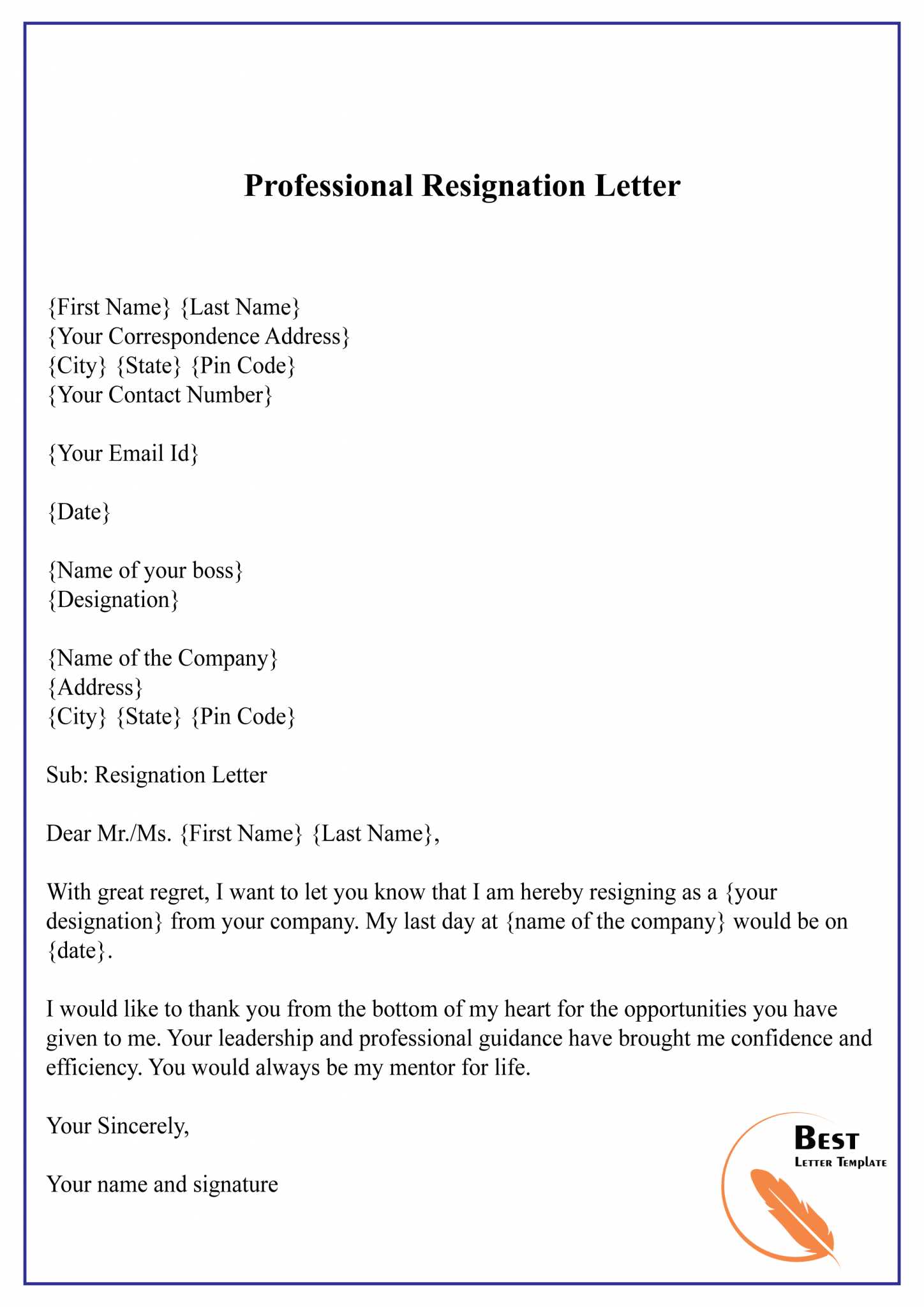 professional letter of resignation template