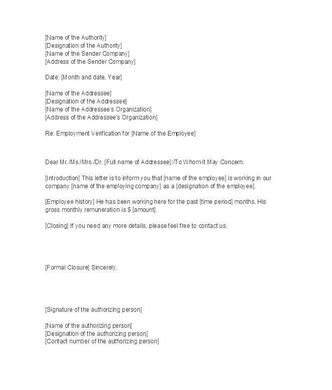 proof of employment letter for visa template